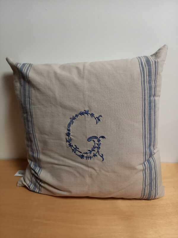 Coussin "G" bleu/grège
